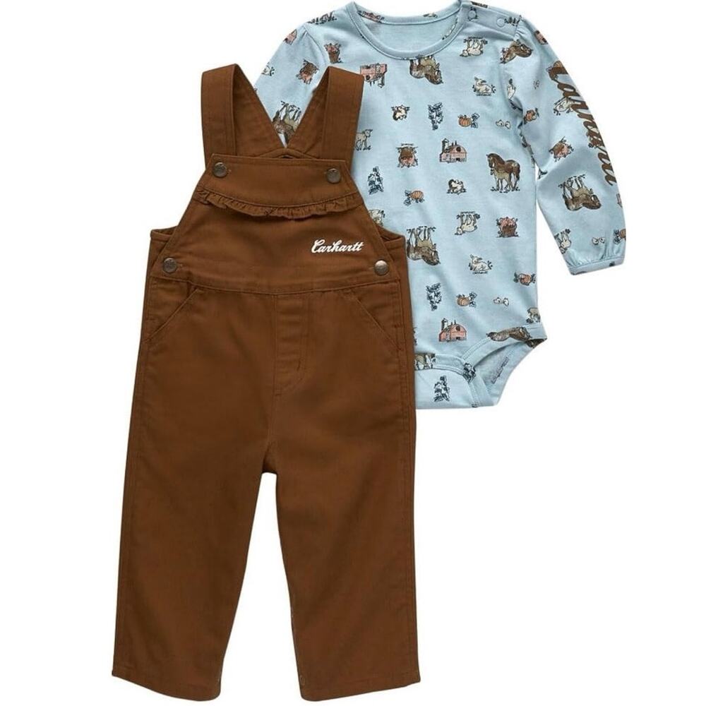 Carhartt baby Woodland Print Bodysuit and Canvas Overalls 6 months Brown nwot